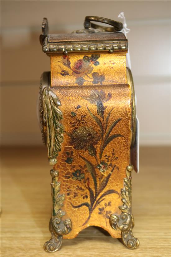 An early 20th century French Vernis Martin style timepiece, with paste set dial 18cm.